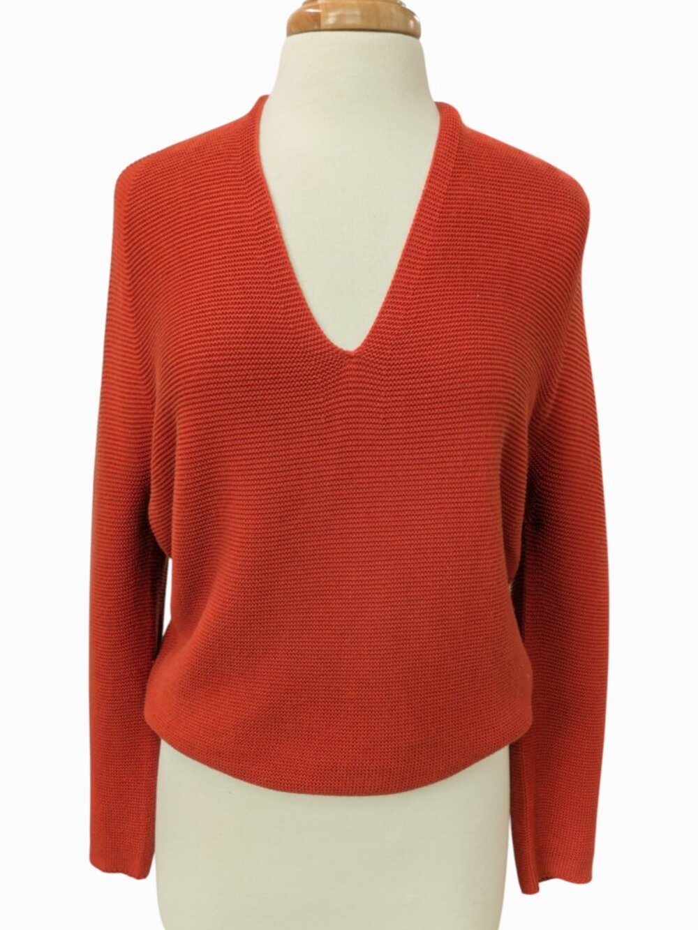Uniqlo 3D Cotton Cocoon V-Neck Sweater Rust Orange Sz S Oversized Fit
